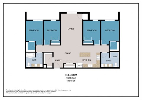 Floor plan for 4 beds, 2 baths, 1495 sqft